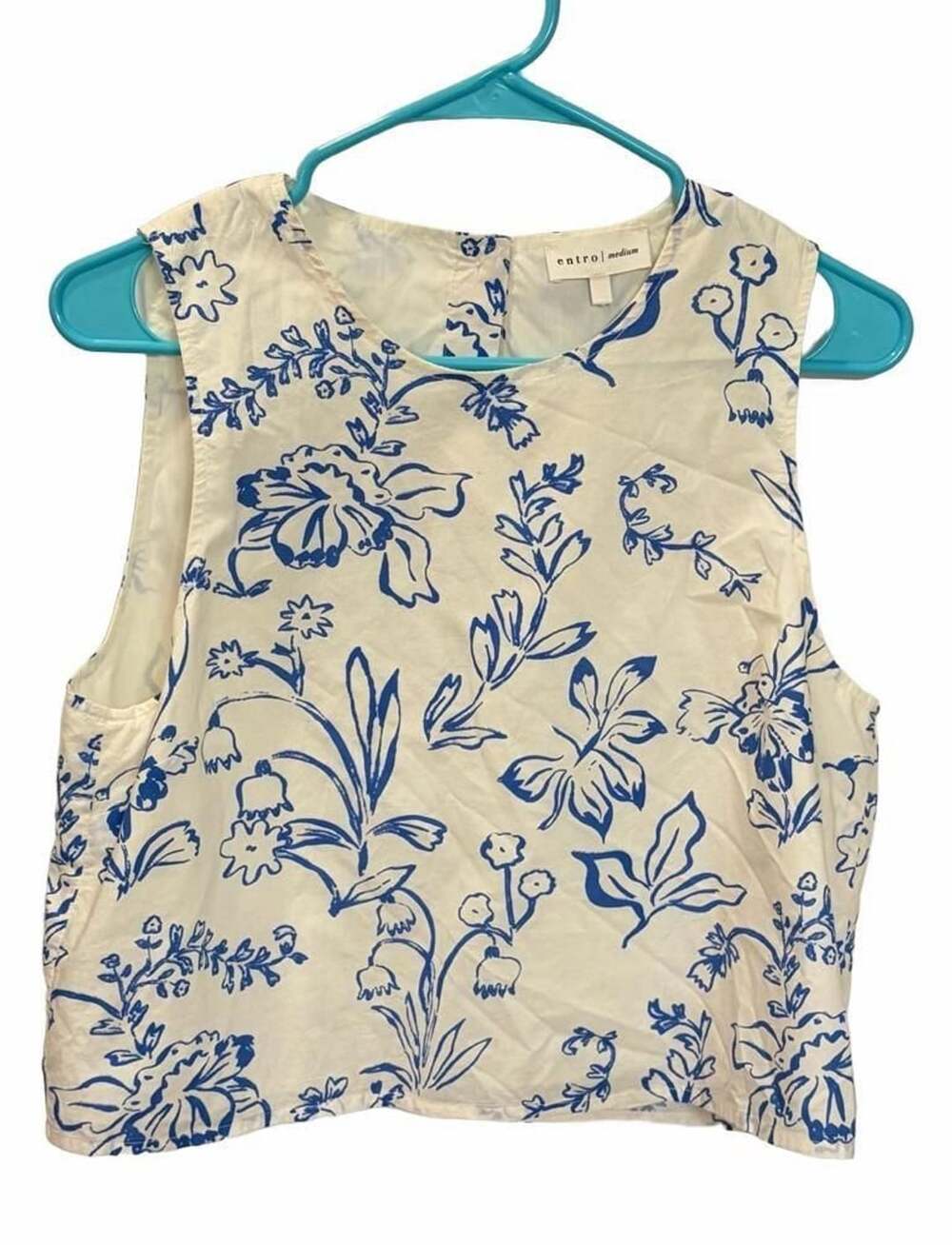 Entro Women’s Floral Sleeveless Cotton Blouse Button Back Cottagecore Medium